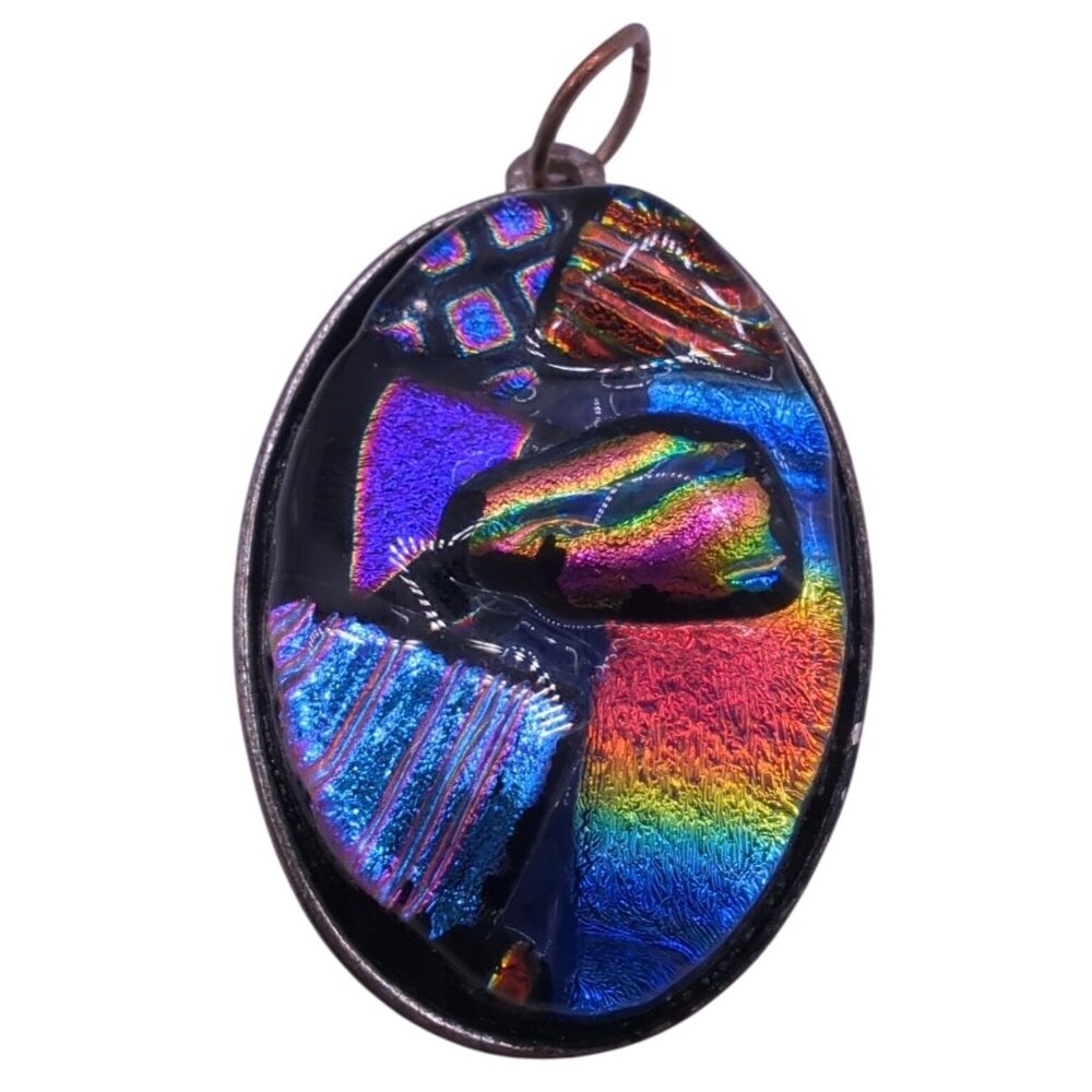 Handcrafted Oval Dichroic Glass Pendant w Abstract Rainbow Design